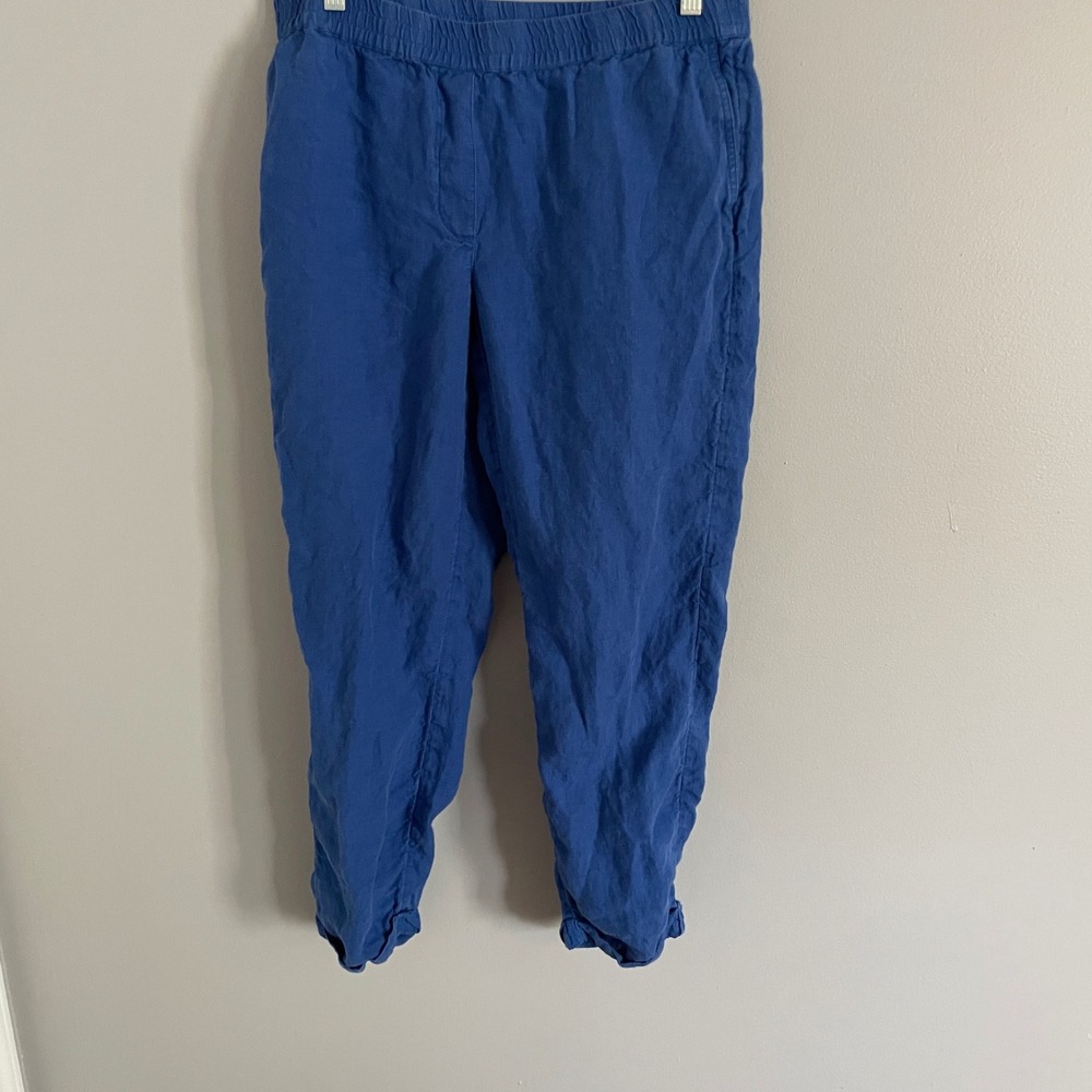 J. Jill Love Linen Pants Womens Medium Blue Tapered Leg Elastic Waist Coastal
